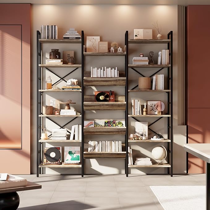 IRONCK Industrial Bookshelves 6 Tiers Triple Wide Bookshelf, Large Etagere Bookshelf Open Record Player Shelves with Metal Frame for Living Room Home Office