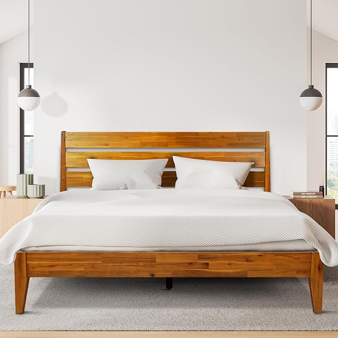 Acacia Emery Bed Frame with Headboard Solid Wood Platform Bed, King Size Bed Frame, Mid - Century Modern Wood Bed Compatible with All Mattresses, Easy Assembly, Non-Slip (Caramel, Queen)