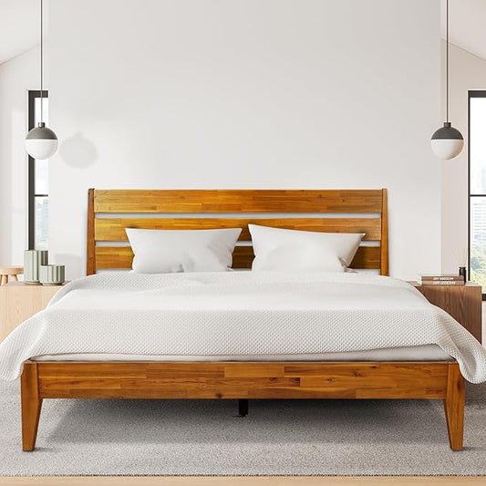 Acacia Emery Bed Frame with Headboard Solid Wood Platform Bed, King Size Bed Frame, Mid - Century Modern Wood Bed Compatible with All Mattresses, Easy Assembly, Non-Slip (Caramel, Queen)