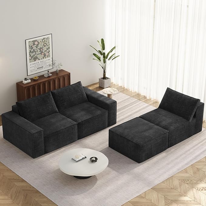 Vesgantti 114" Modular Boneless Couch, Modern 4 Sester Sectional Sofa with Deep Seat, Convertible Chenille L Shaped Cloud Couches for Living Room, No Assembly Required, Black
