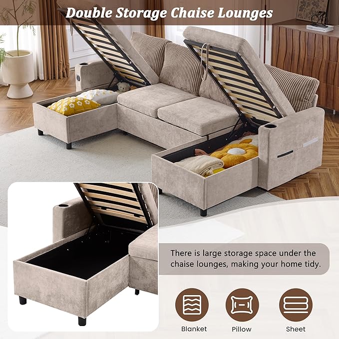 Ball & Cast 111.8" Upholstered Sectional Sleeper Sofa Bed, U Shaped Pull Out Couch with Storage Chaise,USB Ports and Two Cup Holders, for Living Room,Office, Apartment, Brown