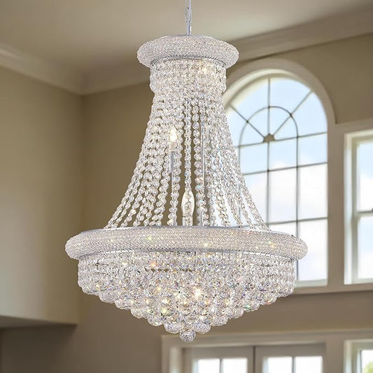Modern Crystal Chandeliers Foryer Chandelier for High Ceilings, 11-Lights Silver Empire Crystal Chandeliers for Living Dining Room Entryway Hallway(D23.6)
