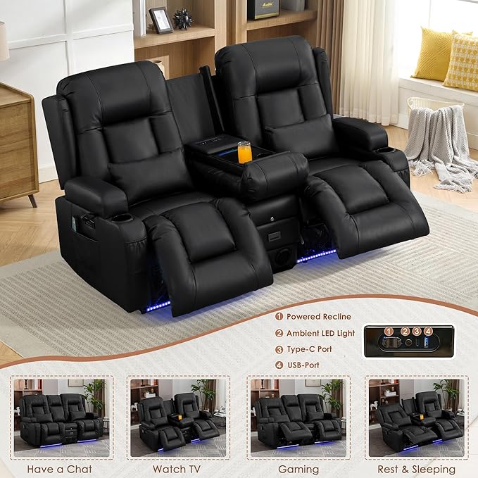 TUNYI Wall Hugger Loveseat Recliner Sofa with Console, Power Reclining Loveseat RV Couch with Massage & Heat/USB/Outlet/Storage/LED Light/Speaker (Black)