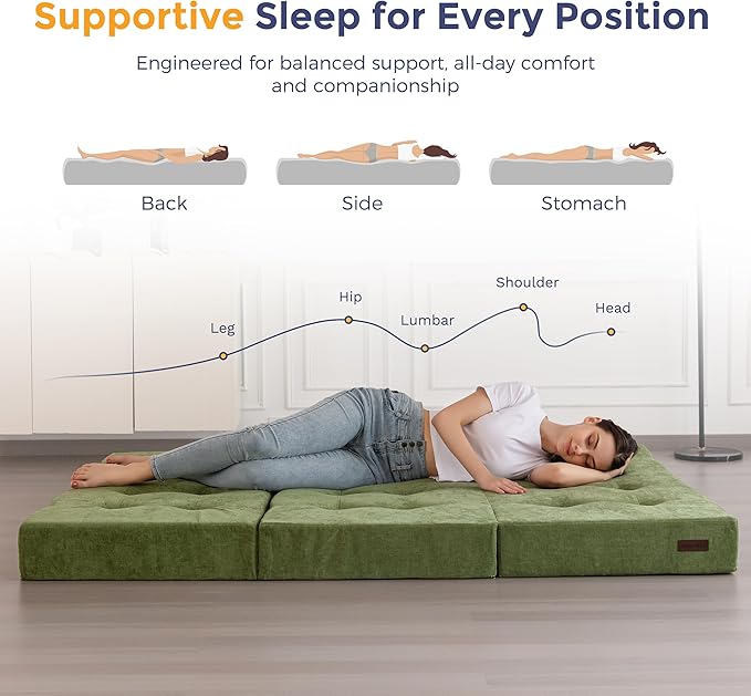 MAXYOYO Tri-Fold Mattress, 6 Inch Tufted Folding Mattress with Chenille Fabric, Portable Queen Size Floor Guest Mat for Adults, Foldable Topper for Camping, Green