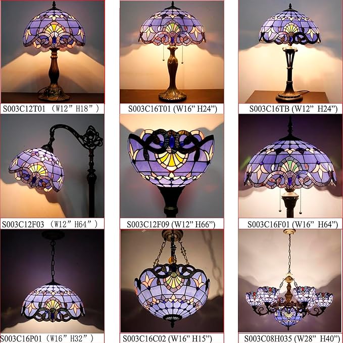 WERFACTORY Tiffany Lamp Stained Glass Table Lamp 12X12X18 Inches Blue Purple Baroque Style Lavender Bedside Reading Desk Light Decor Bedroom Living Room Home Office S003C Series