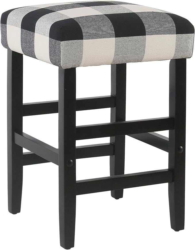 Homepop Home Decor | Classic Open-Back Counter Height Barstool | Square 24 Inch Bar Stools with Domed Cushion, Black Plaid