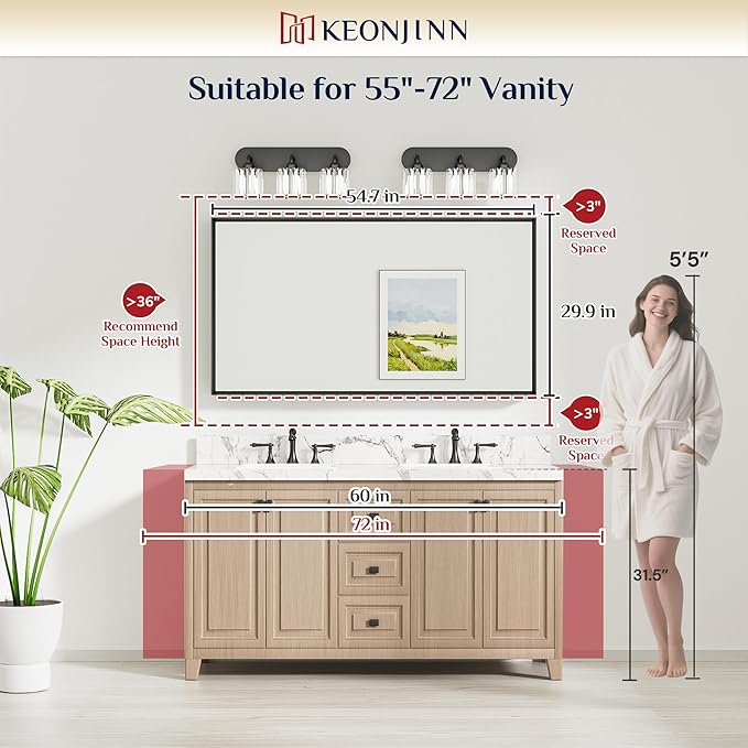 Keonjinn 55 x 30 Inch Brushed Nickel Bathroom Mirrors for Over Sink, Beveled Rectangle Framed Mirrors for Wall, Farmhouse Bathroom Vanity Mirror, Tempered Glass, Square Corner