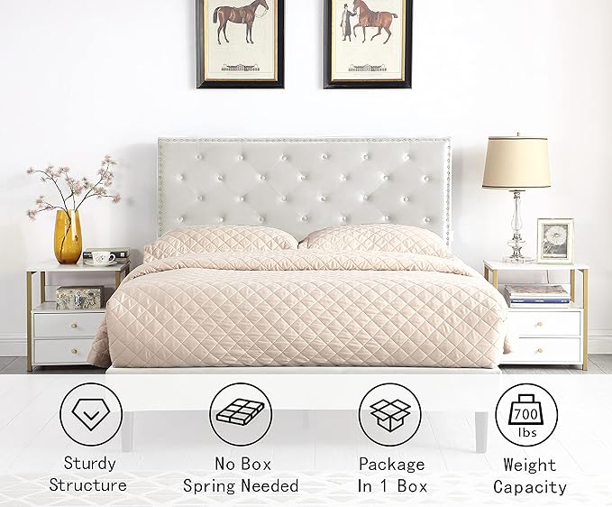 Full Upholstered Platform Bed Frame with 48" Tall Adjustable Headboard - Button Tufted Suede Velour Bed- Wood Slat Support with Storage Space- No Box Spring Needed - Beige - OLIVER & SMITH - Princeton