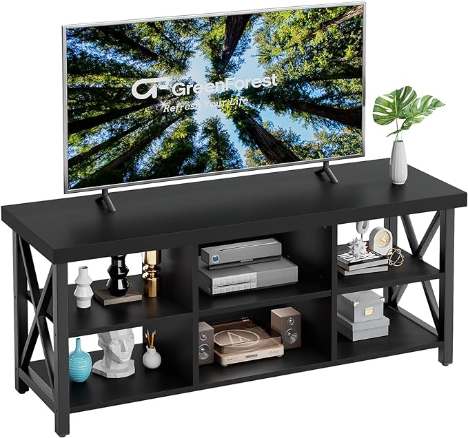 GreenForest TV Stand for TV up to 65 inches, Entertainment Center with 6 Storage Cabinet for Living Room, 55 inch Farmhouse Television Stands Console Table, Industrial TV stands for Living Room, Black