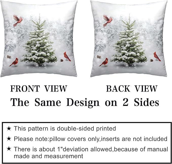 Winter Christmas Pillow Covers Snowy Natural Forest Decorative Pillow Case 22x22 Green Pine Tree with Cardinal Birds Cushion Case for Couch Living Room Patio,2 Pack
