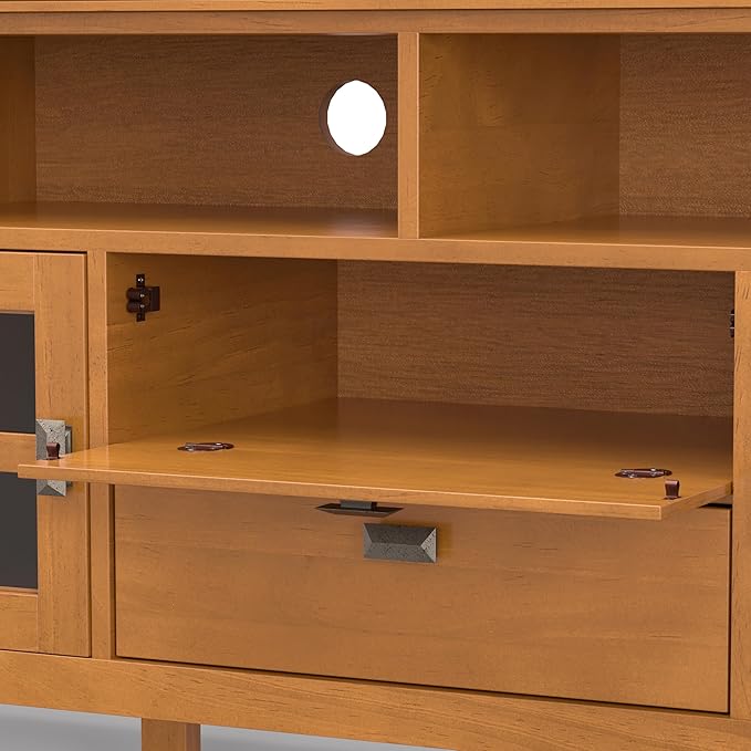 SIMPLIHOME Artisan TV Stand - 72 inch Wide Solid Wood Media Console in Honey Brown, Contemporary Entertainment Center for Living Room for TVs up to 80 Inches with Glass Cabinets and Cable Management