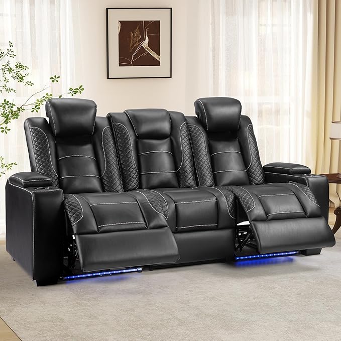 ANJ Power Reclining Loveseat with Fixed Middle Seat, 3-Piece Electric Recliner Sofa with LED Lights, USB Charging & Storage, Faux Leather Living Room Furniture for Home Theater (Black)