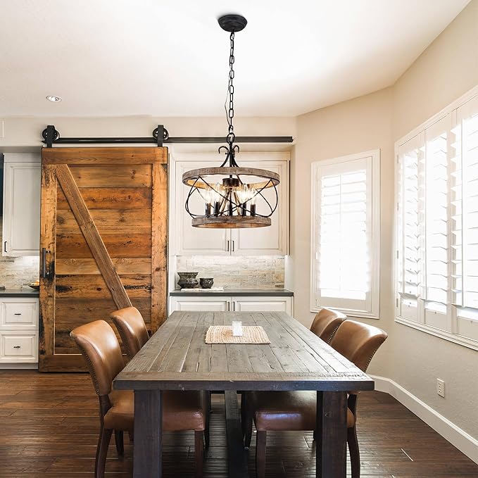20" Farmhouse Chandelier, 5-Light French Country Drum Chandelier Over Table, Wood Chandelier for Kitchen Island Dining Room Entryway
