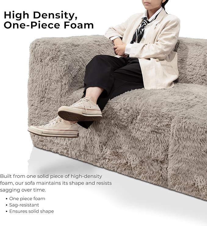 Furniture of America Havyn Modern Faux Fur 5-Seater Modular Sofa and Foam Loveseat Set with Arms & Deep Seat, Compressed Couch in a Box, No Assembly Required, for Living Room and Office, Black