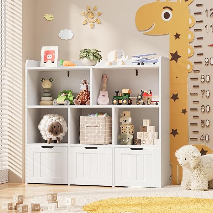 Gizoon Toy Storage Cabinet and Kids Bookcase with 3 Movable Drawers and 6 Open Shelves Featuring Fall Prevention Barrier for Playroom Nursery Kids Room Organization, White