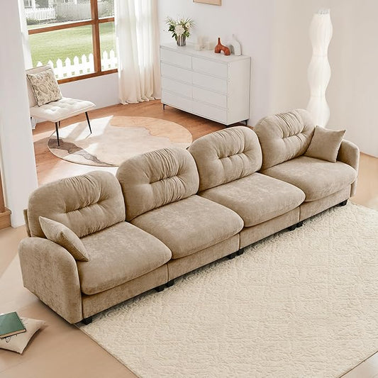 KEIKI 140" Oversized Chenille Modular Sectional Sofa with High-Density Foam Cushion and Tufted Pleated Cushion Backrest, Upholstered Modern 4-Seater Cloud Couch with 2 Pillow, for Living Room, Camel