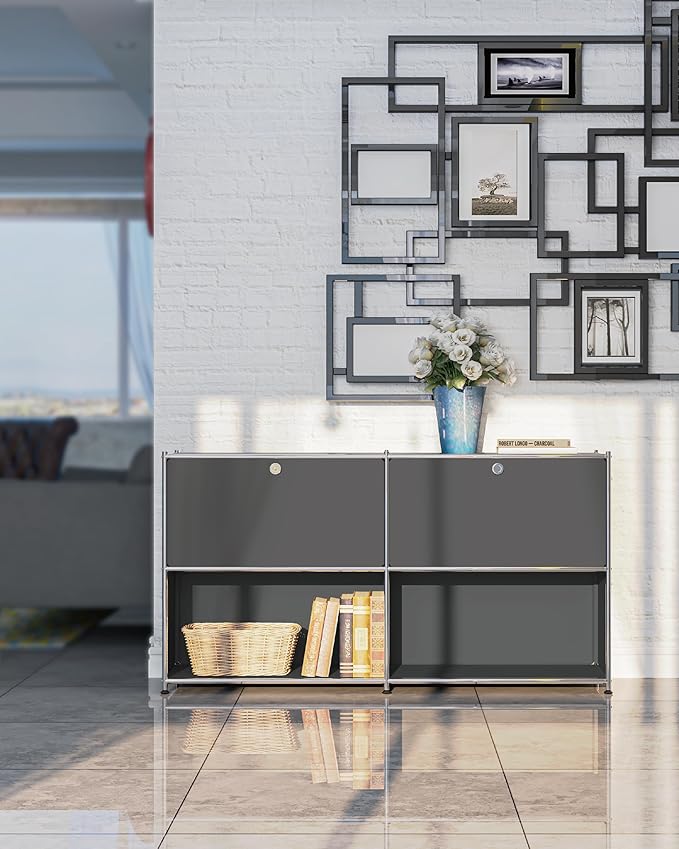 Metal Sideboard with 2 Flap Doors, DIY Modern Home Furnishing,Perfect for Home, Office, Kitchen, Hallway,Foyer Organization(Grey)