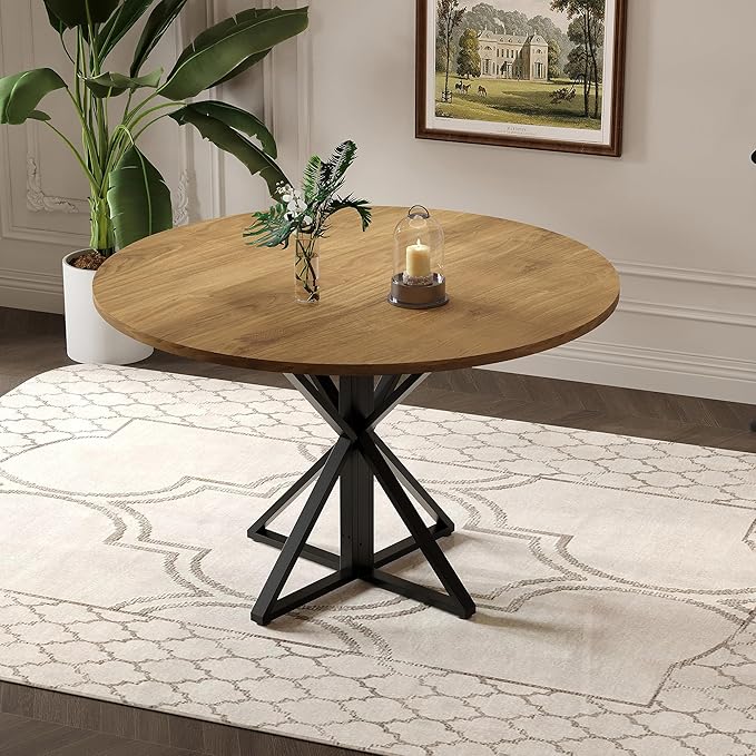 IDEALHOUSE 47 Inch Round Dining Table for 4, Farmhouse Kitchen Table with Metal K-Base, Brown Circle Wood Table for Dining Room, Kitchen, Apartment & Living Room (Table Only)