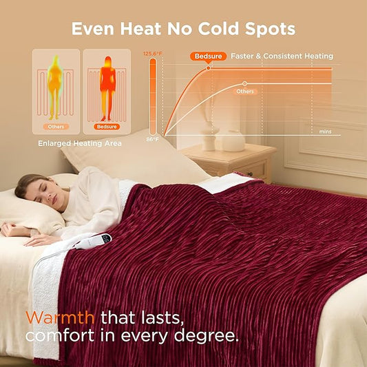 Bedsure GentleSoft Electric Blanket Full Size - Soft Ribbed Flannel Heated Blanket with 6 Heat Settings, Heating with 10 Time Settings, 8 hrs Timer Auto Shut Off, Gifts for Grandma (72"x84", Burgundy)