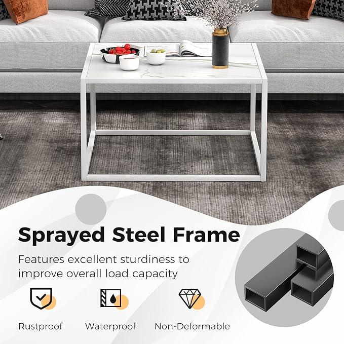 Giantex Square Coffee Table with Faux Marble Tabletop & Steel Frame, Center Cocktail Table, Accent Living Room Furniture, Low Bedside Table, Easy Assembly (White)