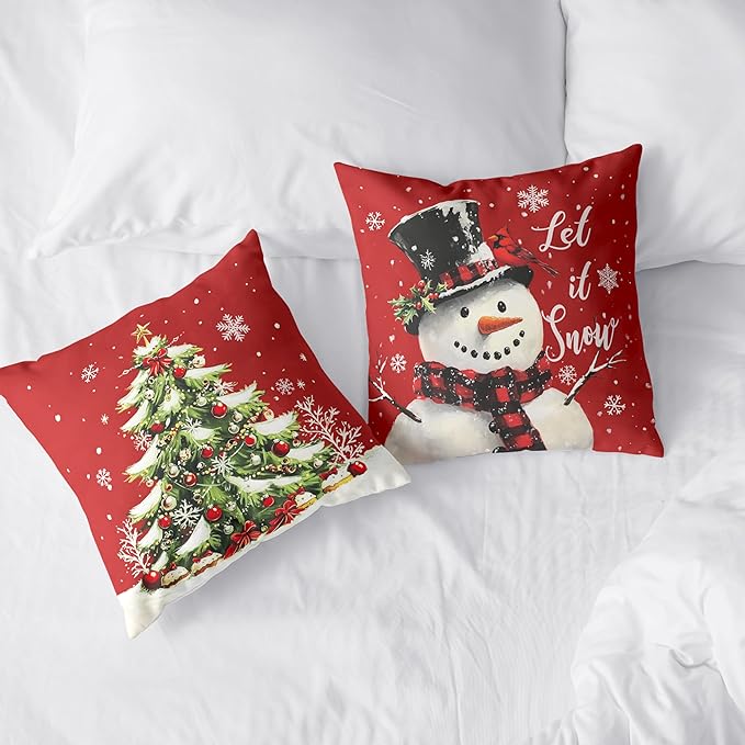 Red Christmas Pillow Covers Snowman Throw Pillow Covers Xmas Tree Pillow Case 18x18 Winter Snowflakes Cotton Blend Cushion Case for Holiday Decor Couch Sofa 2 Pack