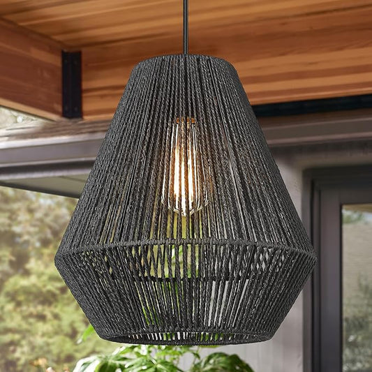 ELYONA Modern Woven Pendant Light Fixtures 12" Farmhouse Coastal Hanging Lamp Matte Black Handwoven Rattan Basket Shade Boho Pendant Light for Kitchen Island Dining Room Bar Bedroom Foyer Hallway