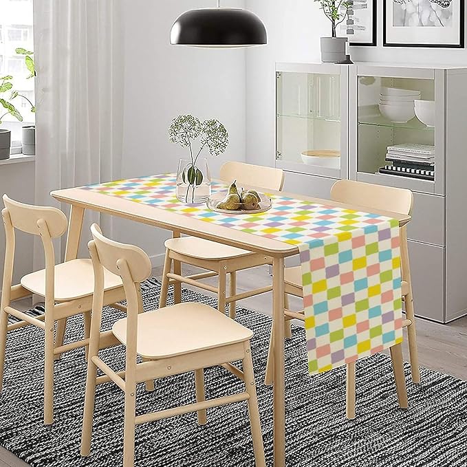 Colourful Hippie Table Runner Green Blue Purple Pink Modern Geometric Square Home Dinner Runner for Living Room Kitchen Party Holiday Dinner Home Decor 13x36in