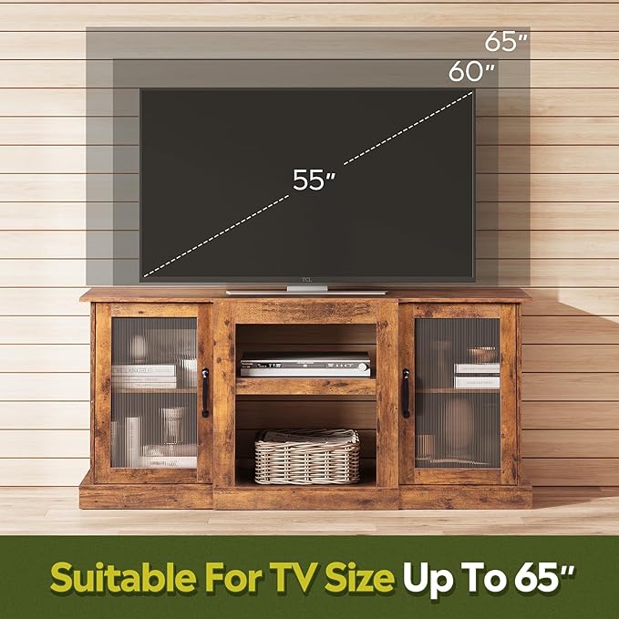 WLIVE Farmhouse TV Stand for 65 inch TV, 58" Entertainment Center with Storage Cabinets, Open Shelves TV Console for Living Room and Bedroom, Rustic Brown