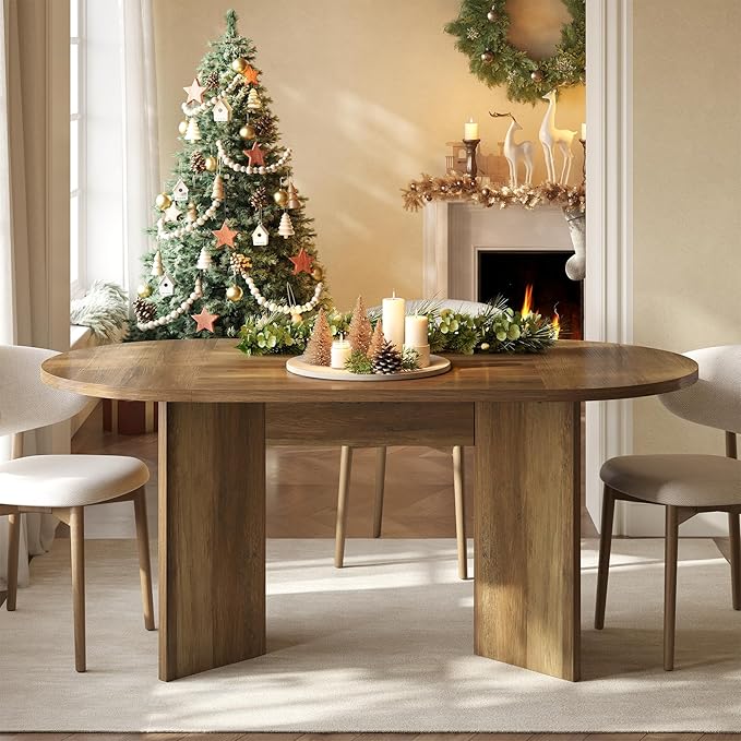 LITTLE TREE 63" Rustic Oval Dining Table for 2-4, Sturdy MDF Farmhouse Kitchen Table with Metal Strip Base, for Living Room, Office, Restaurant, Multi-Use, Umber