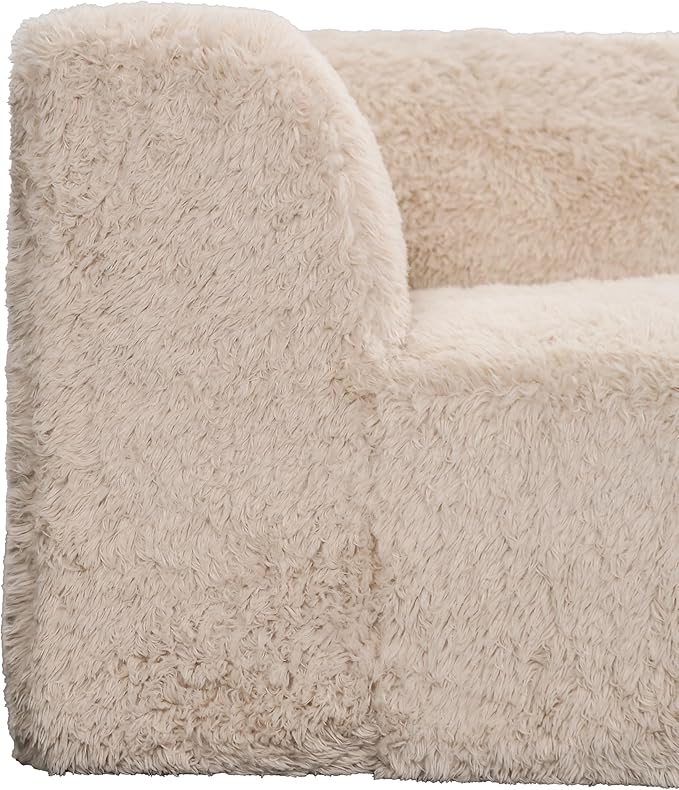 Furniture of America Havyn Modern Faux Fur 7-Seater L-Shaped Modular Foam Sectional Sofa with Ottoman, Compressed Couch in a Box, No Assembly Required, for Living Room and Office, Sand