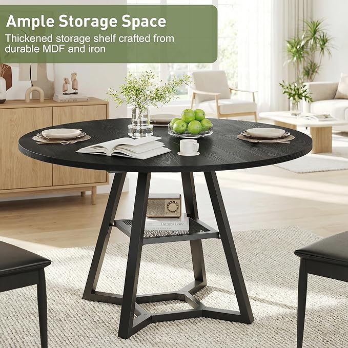 Round Dining Table for 4-6 with Storage Shelf, Kitchen & Dining Room Circle Pedestal Table, Heavy Duty Metal Frame & Wood Top