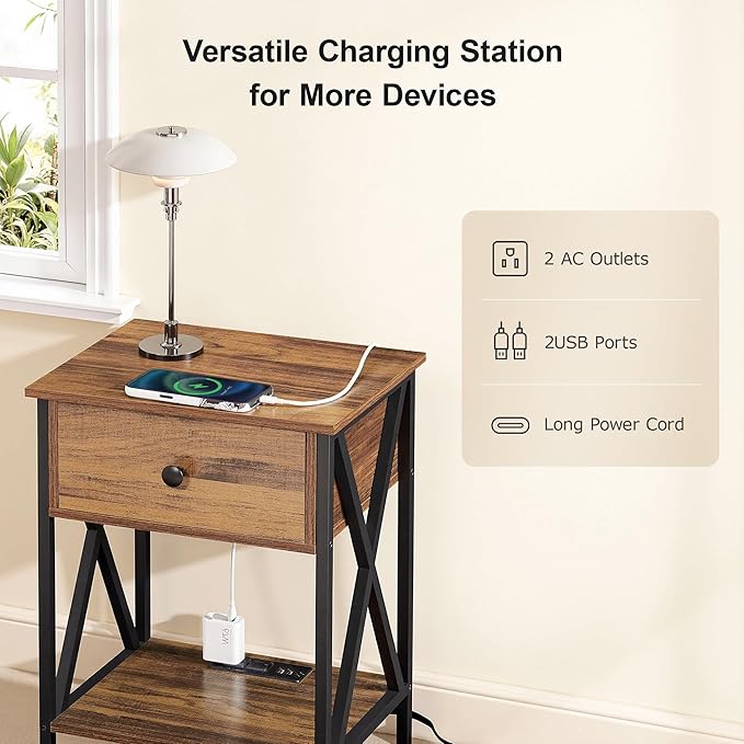 VECELO Nightstand, Bedside End Tables with Charging Station, USB Ports, Drawer Shelf, Night Stand for Bedroom Living Room 1-Pack, Brown