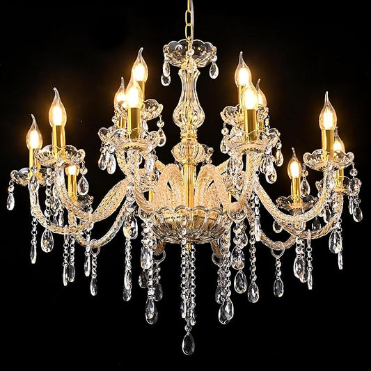 YYSHCHEN Gold Large Crystal Chandelier,30.7" Classic Large Chandelier for Dining Room, Living Room,Bedroom,Hallway,High Ceilings 15 Lights.