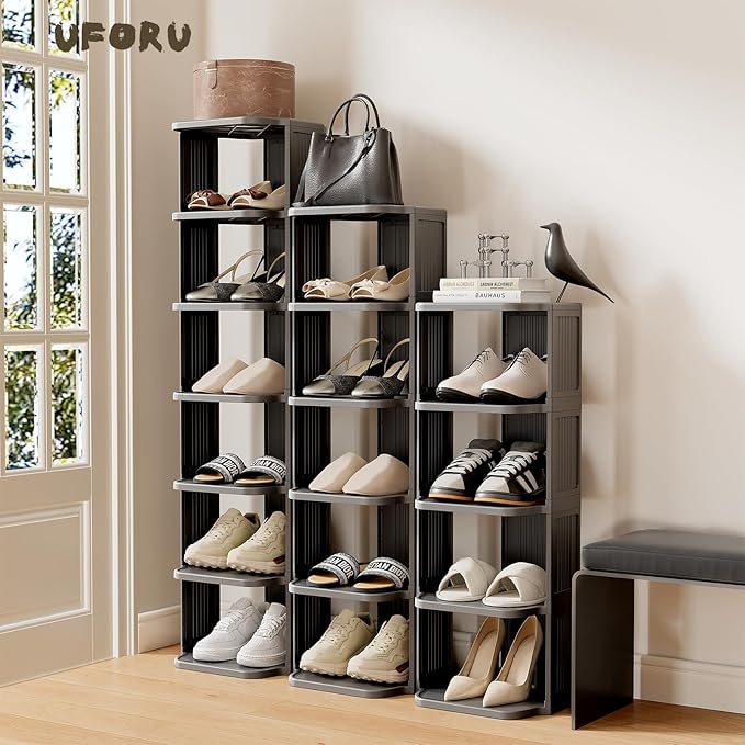 Small Shoe Rack, 5 Tier Plastic Vertical Shoe Rack for Small and Narrow Spaces, Free Standing Shoe Organizer for Closet, Entryway (Black)