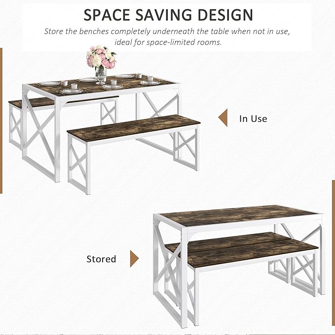 VECELO 55" Kitchen Dining Table Set for 4-6, Wood Dinette 2 Benches with Metal Frame for Dinner Breakfast Nook and Small Space, Dark Brown
