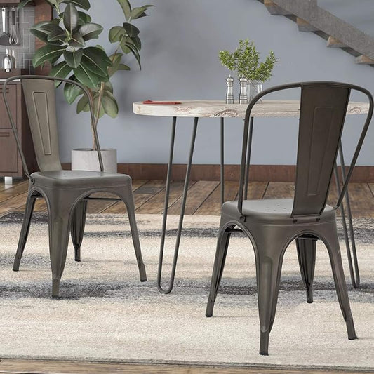 Devoko Metal Indoor-Outdoor Chairs Distressed Style Kitchen Dining Chairs Stackable Side Chair with Back Set of 4 (Gun)