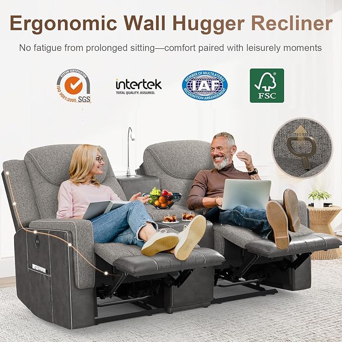 Dresegmt Loveseat Recliner Sofa, Manual Double Recliner with Storage Console, Cup Holder, USB Port & Reading Light, Grey Linen & PU Leather Manual Reclining Couch for Living Room, RV/Theater Seating