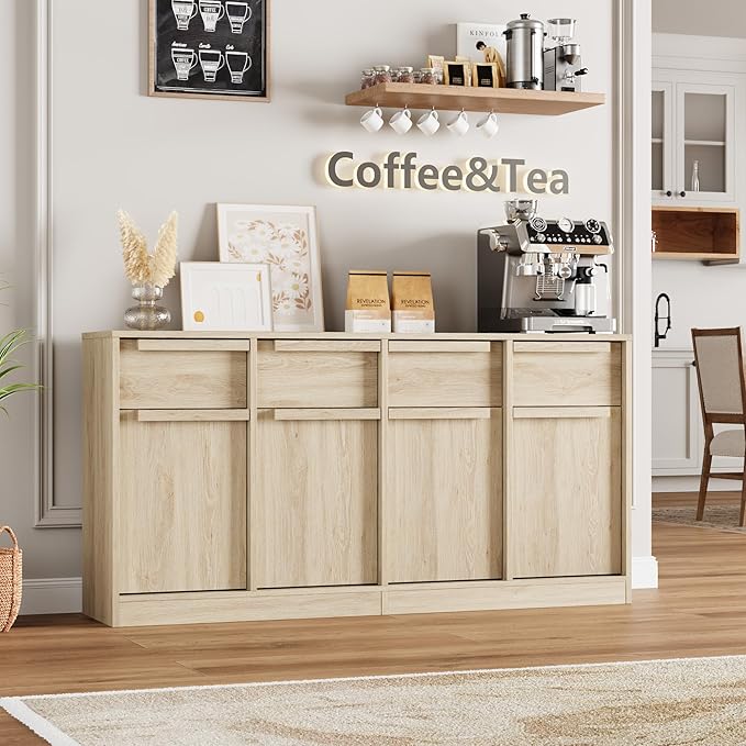 GarveeHome Sideboard Buffet Cabinet with 4 Drawers, 62.4 in Large Coffee Cabinet with Storage, Modern Storage Buffet Table for Kitchen Dining Room, Living Room (Pear Wood, 4 Doors & 4 Drawers)