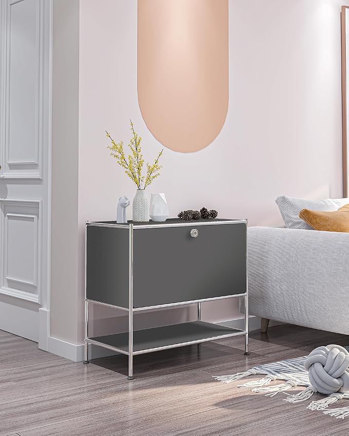 Metal Sidetable with Flap Door, 27.5" Height - DIY Modern Furnishing for Home, Office, Foyer, Bedroom - Night Stand, Book Shelf, Bookshelf, Cube Storage Organizer, Bedside Table (Grey)