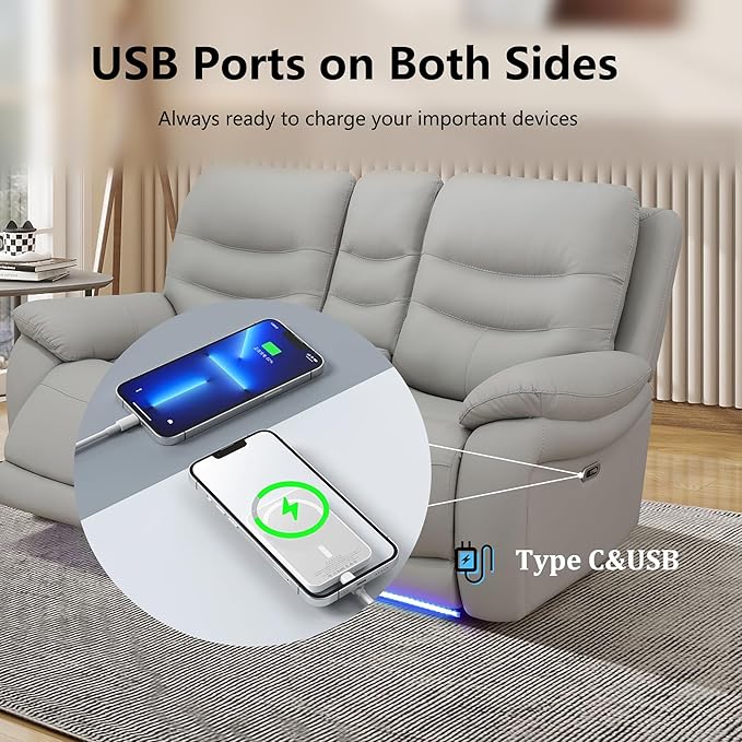 Power Recliner Sofa Set with LED, Air Leather Living Room Furniture Set, 3 Piece Couch Reclinig Furniture Set with USB Port, Cup Holders&Storage for Living Room (Light Grey)