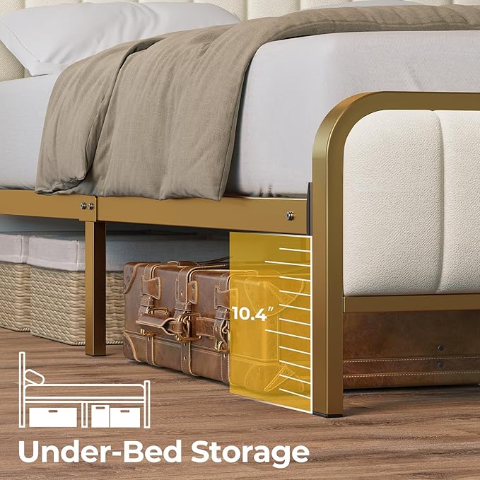 Rolanstar Twin Size Bed Frame with LED Light and Charging Station, Upholstered Headboard and Footboard, Metal Slat, Noise Free, Easy Assembly, Golden and Beige