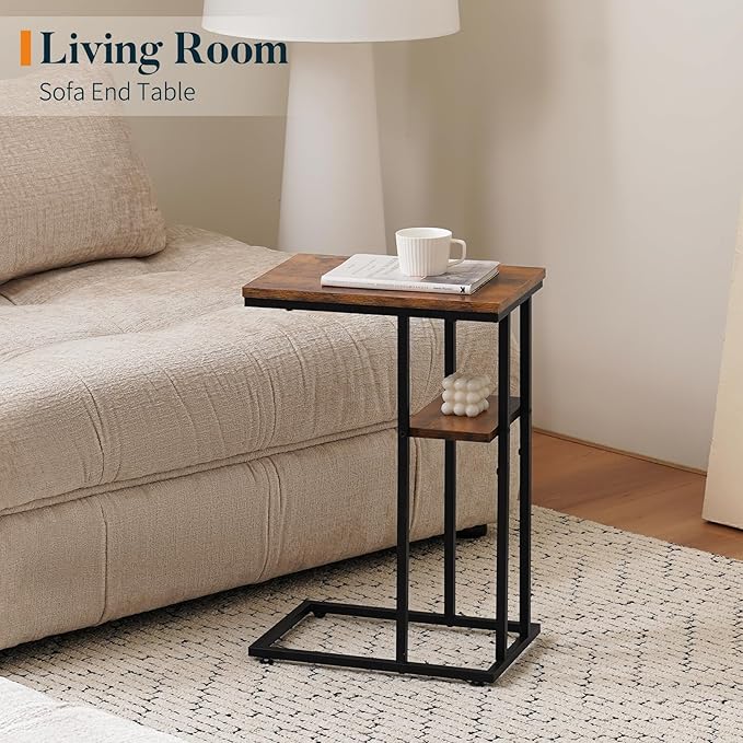 Yoobure C Table End Table Set of 2, Side Tables Living Room, C Shaped Side Table, Couch Tables That Slide Under Couch Table with Metal Frame, Rustic Snack Table for Bedroom/Small Spaces Large Desktop