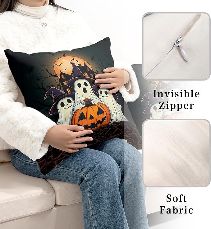 Set of 2 Halloween Pillow Covers 24x24 Ghost Throw Pillow Covers Full Moon Night Castle Bat Pillow Case Jack-O-Lantern Cushion Case for Holiday Party Decor Couch Sofa