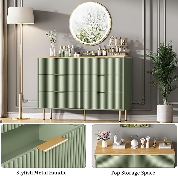 GAOMON 6 Drawer Dresser for Bedroom Chest of Drawers, 47" Wide Fluted Dresser with Drawers, Modern Wooden Double Dressers with Metal Handles for Living Room, Hallway