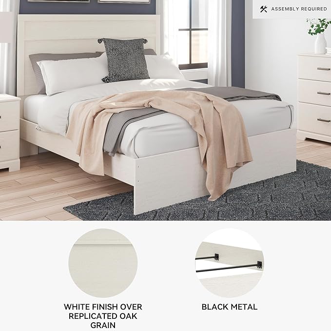 Signature Design by Ashley Stelsie Vintage Queen Panel Bed with Metal Slats, Foundation or Box Spring Needed, White