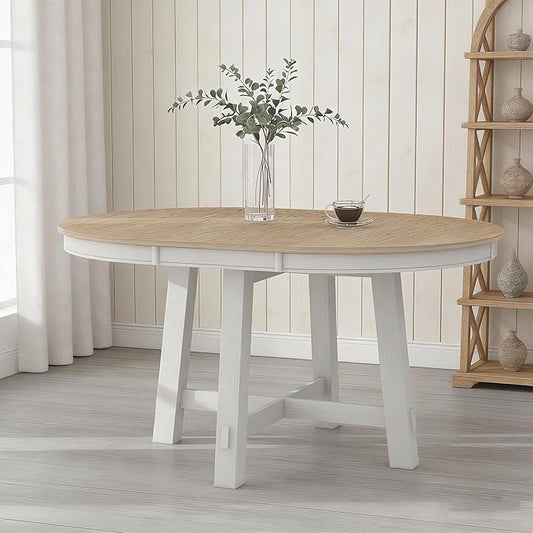 Bellemave 42"-58" Extendable Dining Table for 4-6, Solid Wood Oval Dining Kitchen Table with Removable Leaf, Farmhouse Circle Desk for Kitchen Living Room Space Saving (Natural+White)