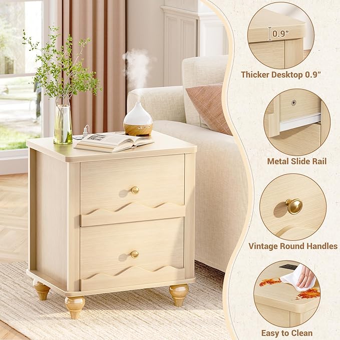 Cyclysio Natural Wood Nightstand with Charging Station, Scalloped Bedside Table with 2 Smooth Drawers, Modern End Table with Solid Wooden Legs for Bedroom and Small Spaces