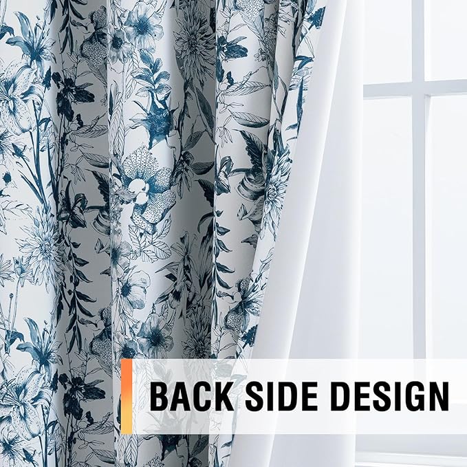 H.VERSAILTEX Blackout Curtains 84 Inch Length 2 Panels Set Floral Print Curtain Drapes for Living Room Thermal Insulated Grommet Window Curtains for Bedroom - French Jouy Flora in Stone Blue