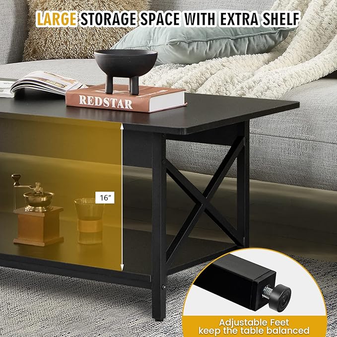 COSTWAY Industrial Coffee Table, 2-Tier Wood Cocktail Tea Table with Storage Shelf and X-Shape Steel Frame, Rectangle Sofa Side Accent Table for Living Room Home Office, Black