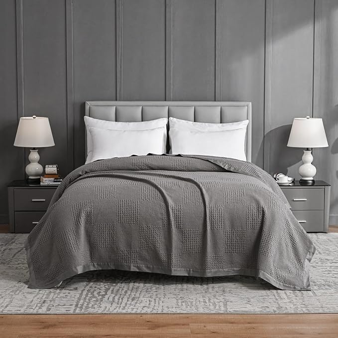 meadow park Cotton Waffle Blanket with Sateen Binding - King Size - Lightweight and Breathable - Charcoal Color
